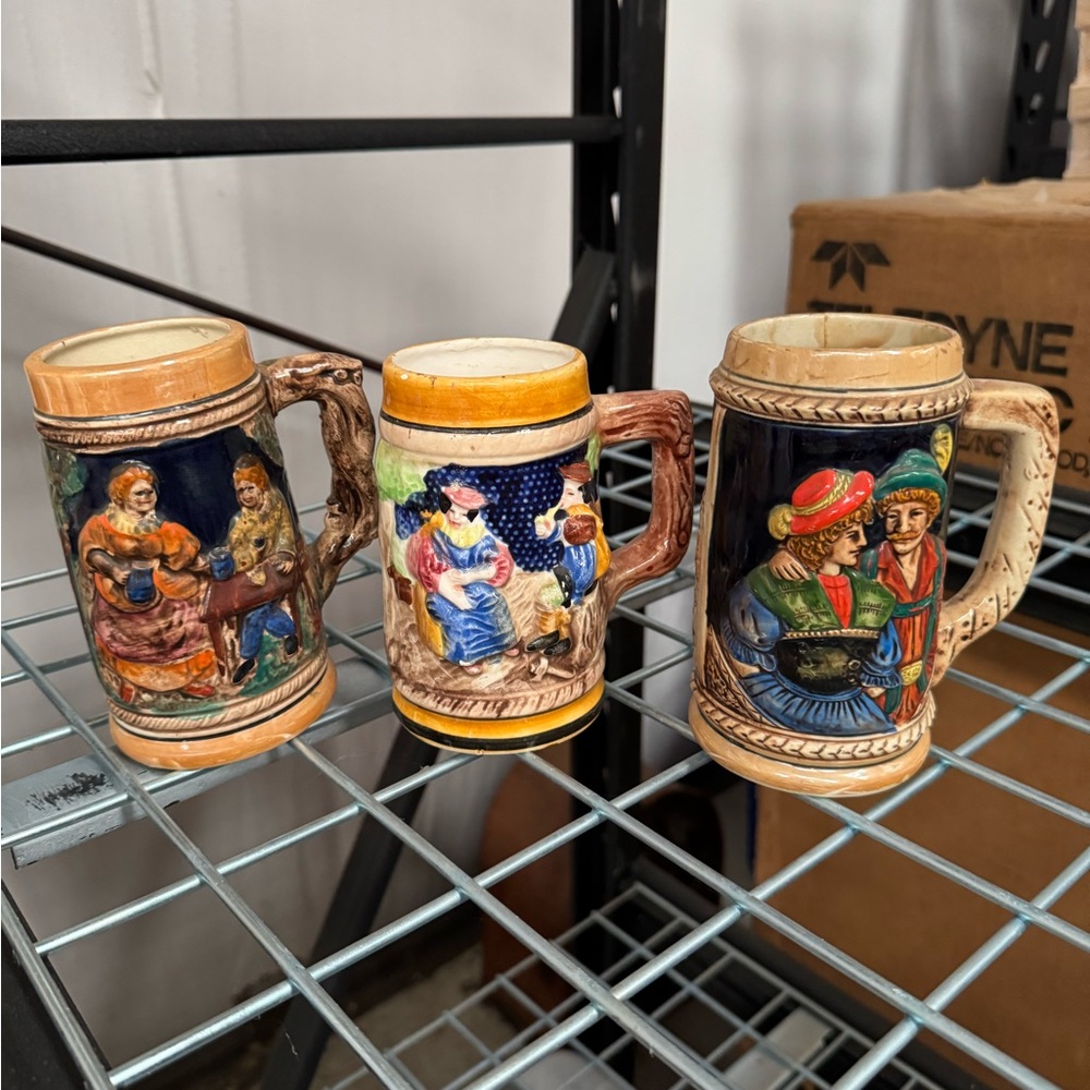 Vintage Handcrafted Ceramic Beer Steins Set of 3 - German